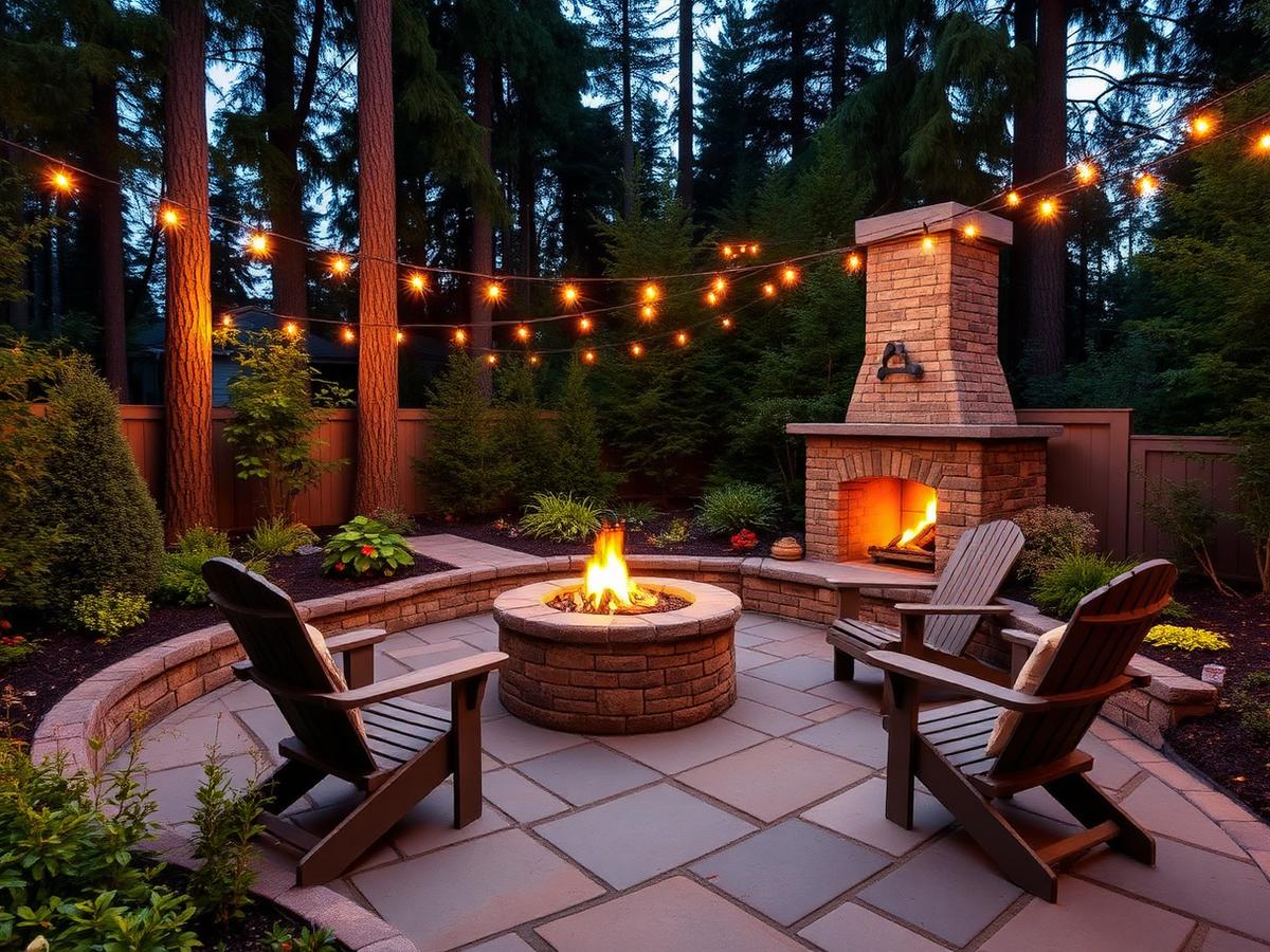Outdoor patio with fireplace and string lights