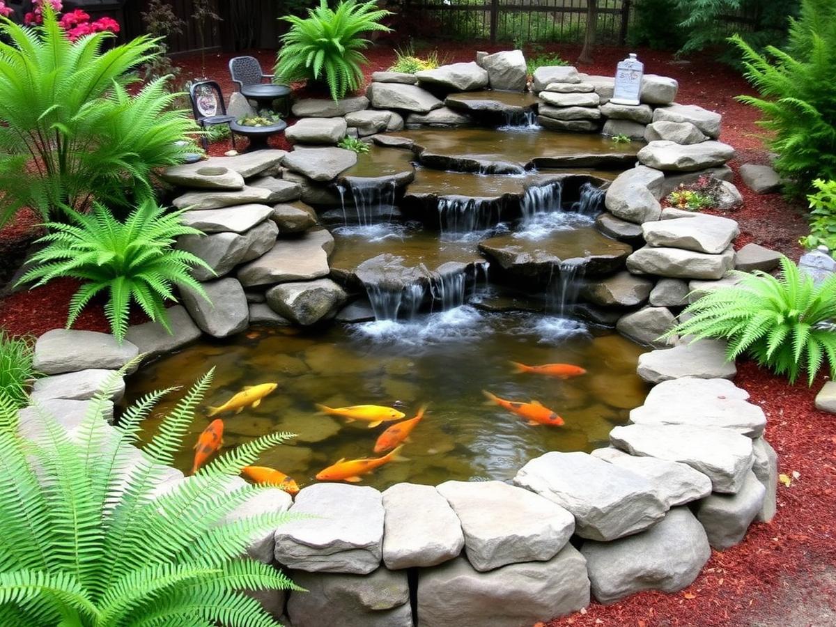 Backyard koi pond with waterfall